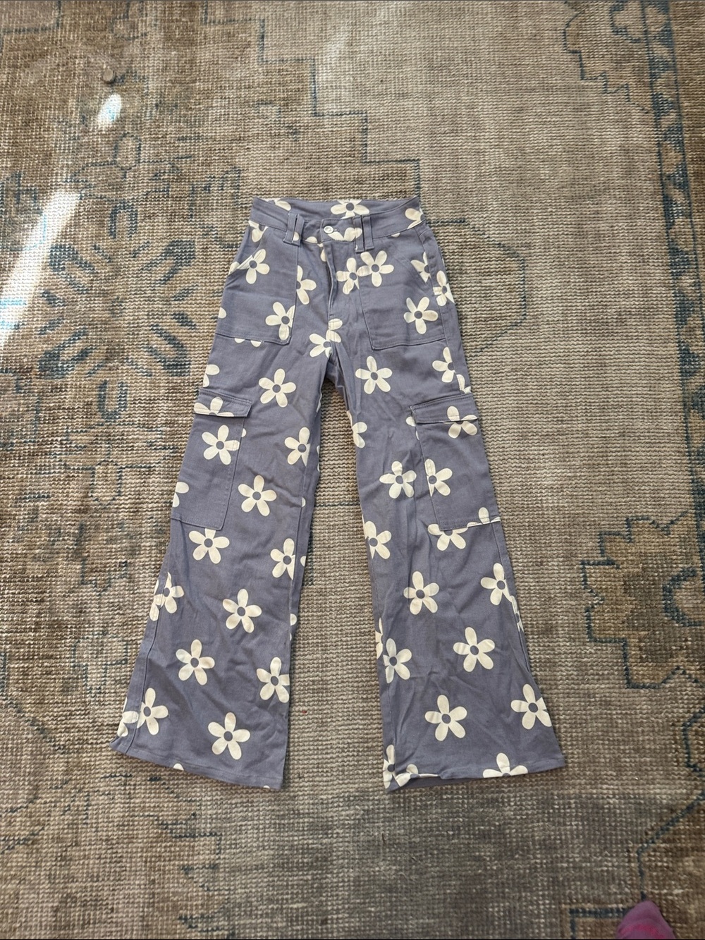 Floral Wide-Leg Cargo Pants in Slate Blue/purple & Cream